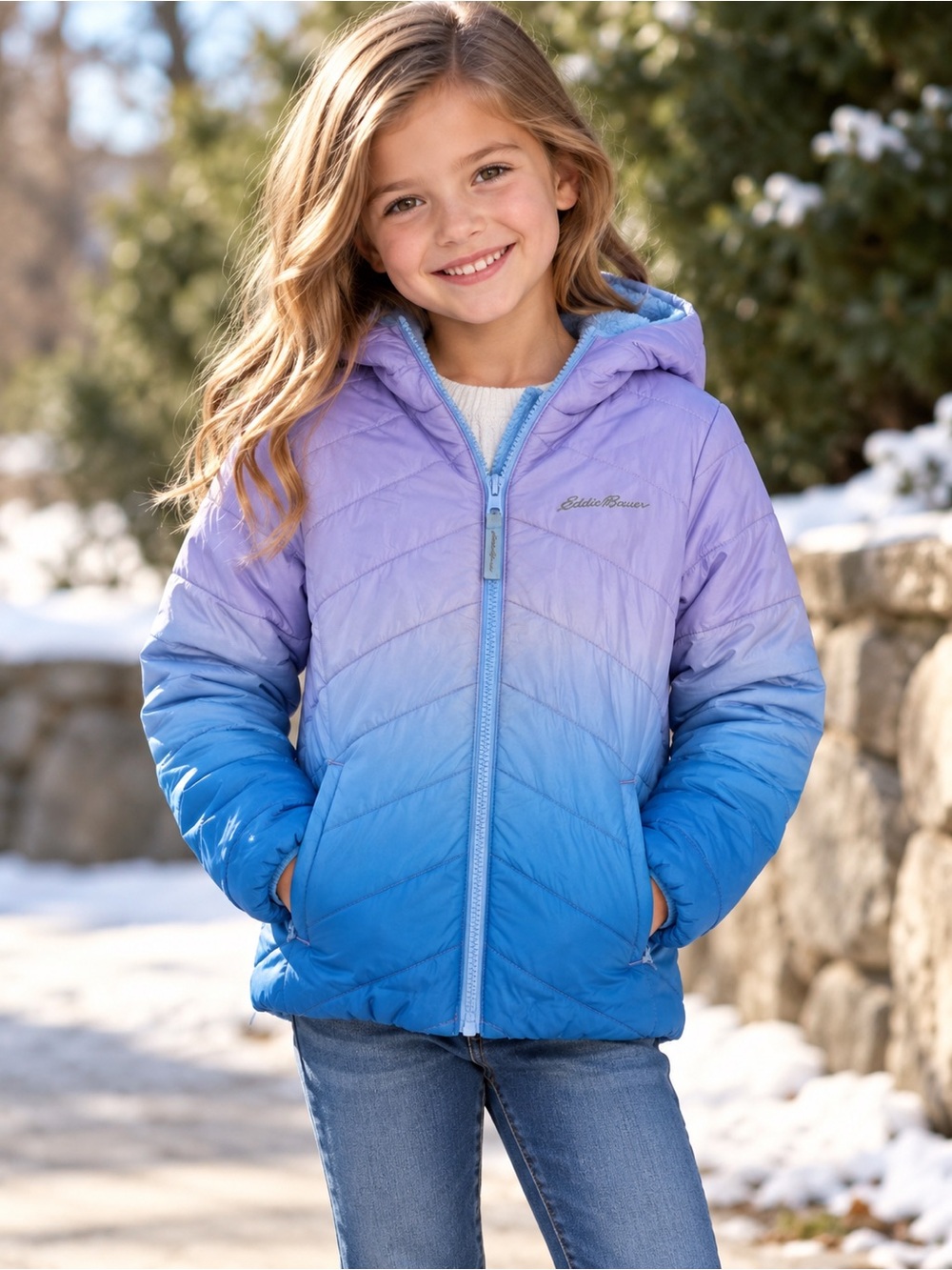 Eddie Bauer Girls' Deer Harbor Reversible (Puffer/Fleece) Hooded Jacket S (7/8)